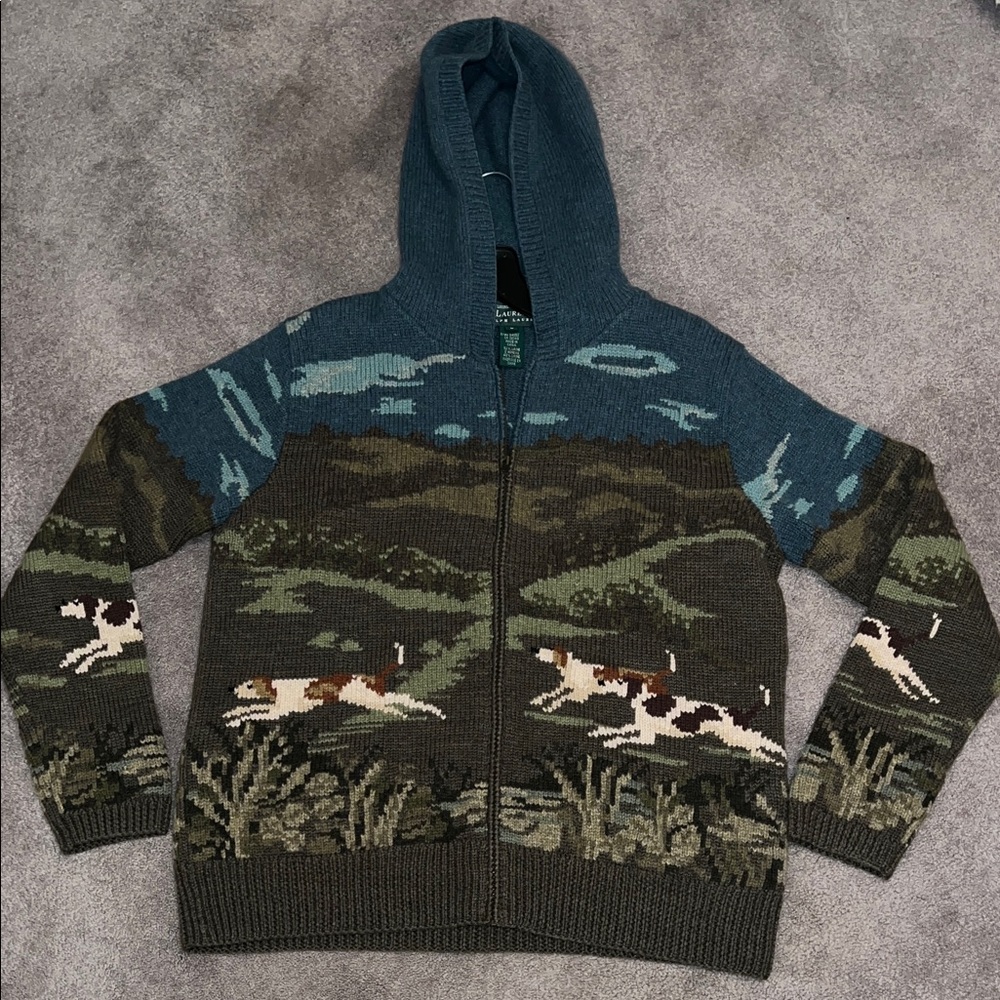 Ralph Lauren hand knit vintage dog scene zip up sweater